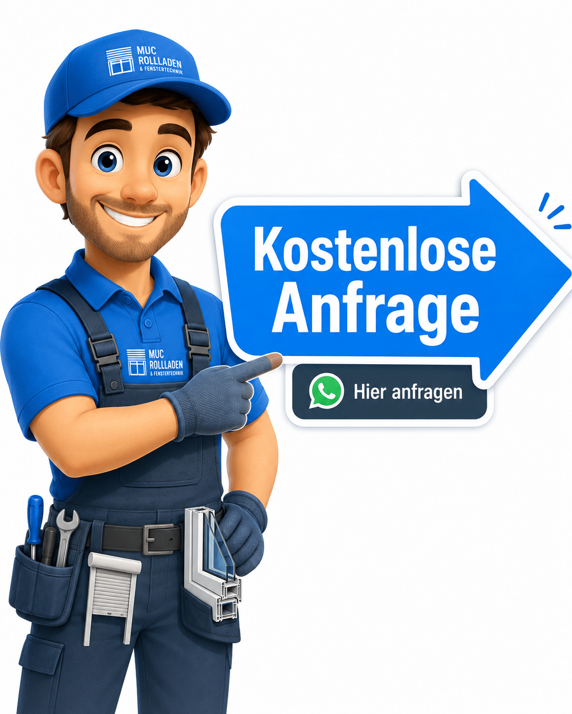 Kostenlose Anfrage Maskottchen MUC Rollladenbau Maskottchen von MUC Rollladenbau & Fenstertechnik zeigt auf den Hinweis „Kostenlose Anfrage“.